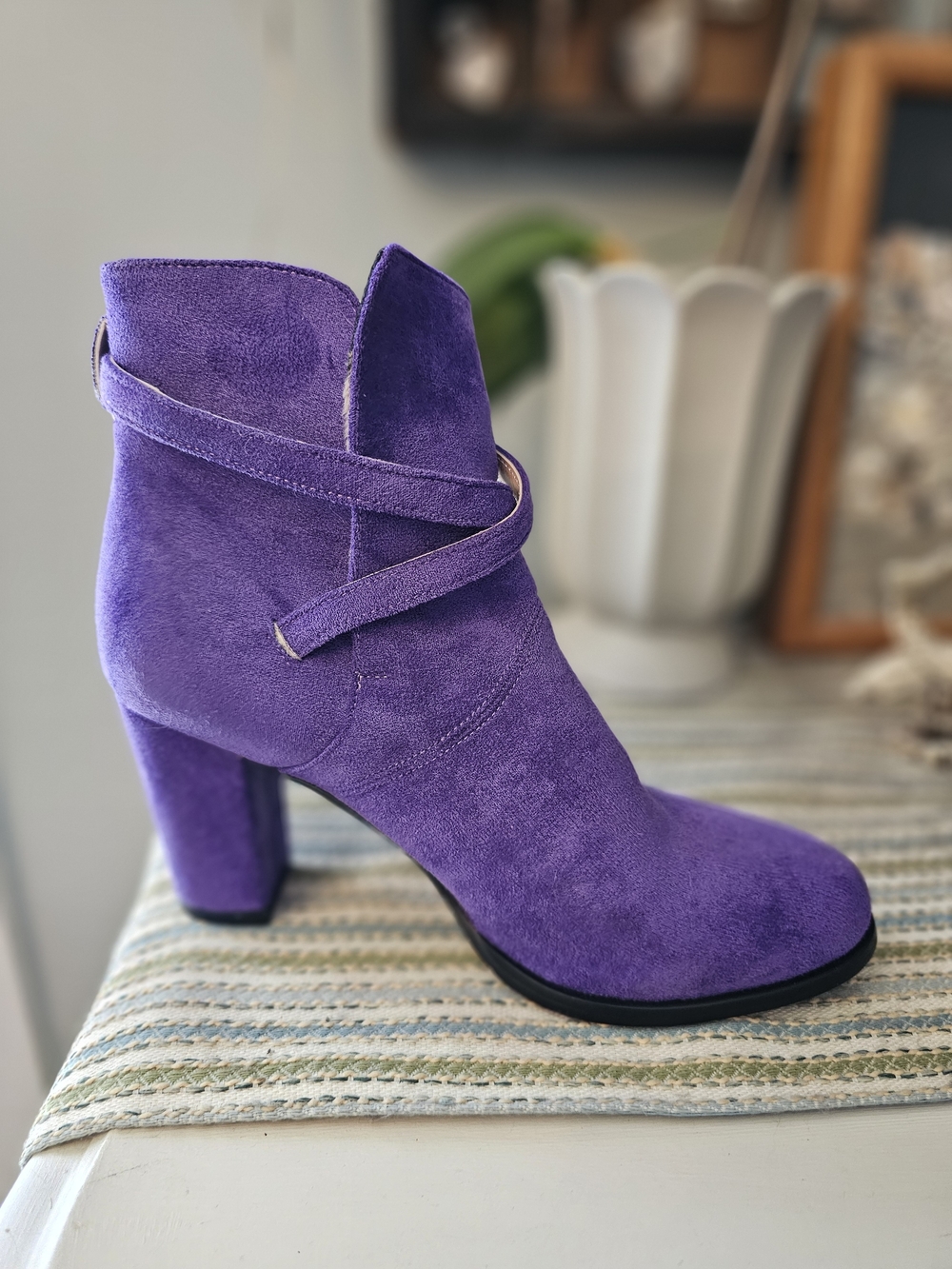 Purple Suede Women's Ankle Boot with Wrap Strap